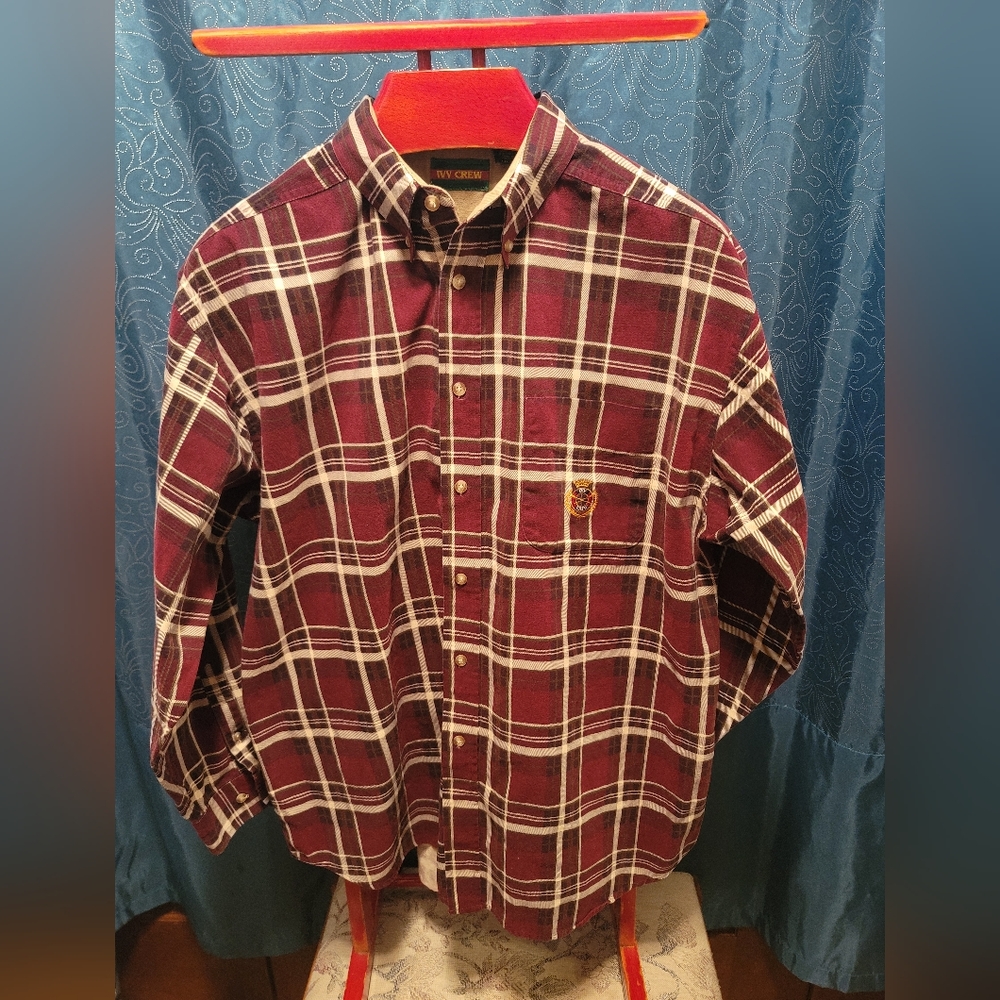 Men's Ivy Crew, LS Button Down front pocket, Plaid, Maroon/Cream/Brown Size XL